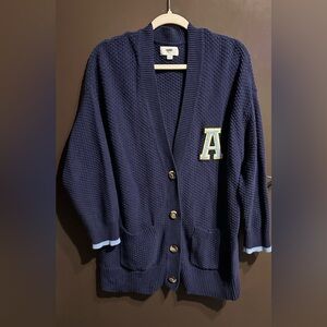 Aerie Classic Navy Blue Cardigan with Letter Patch Size Medium Oversized